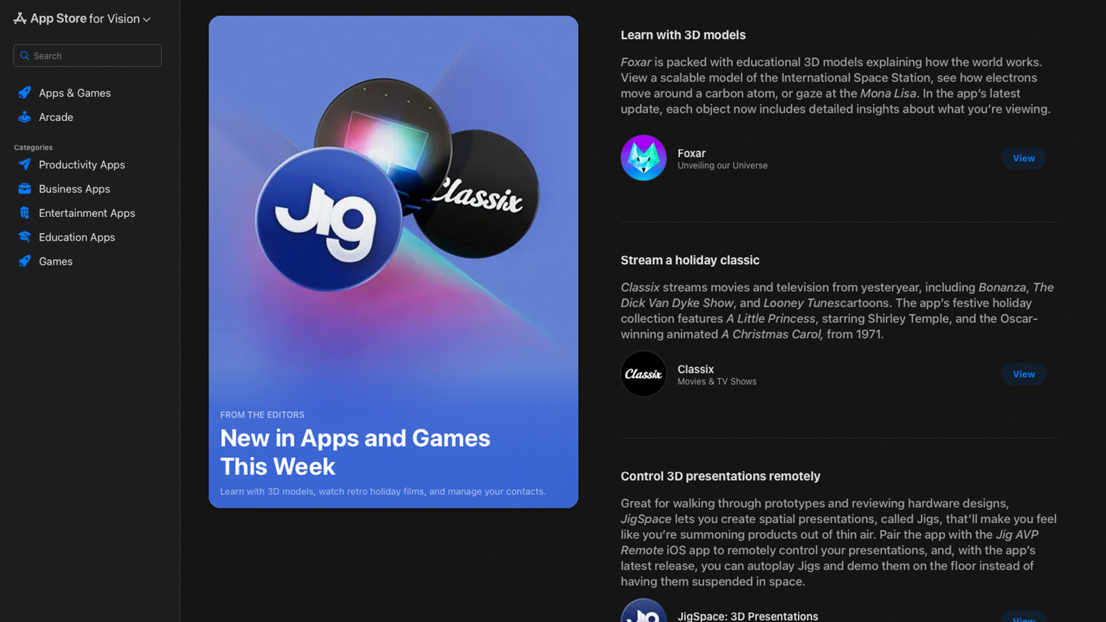 The Classix editorial feature on the App Store for Apple Vision Pro.