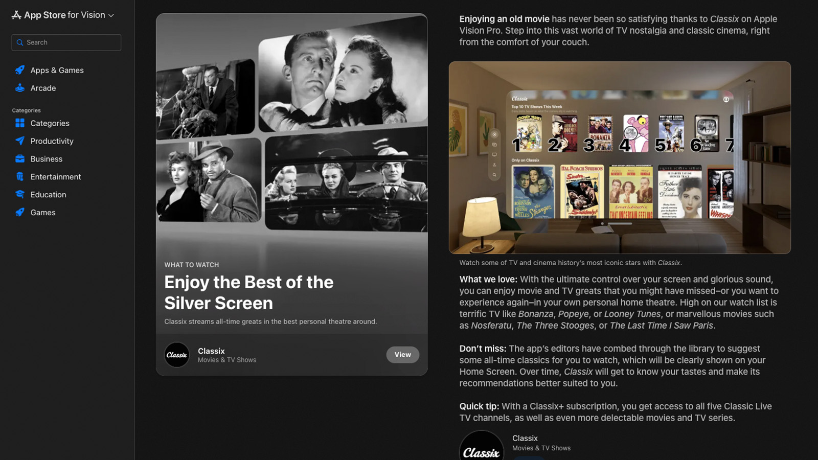 The Classix editorial feature on the App Store for Apple Vision Pro.